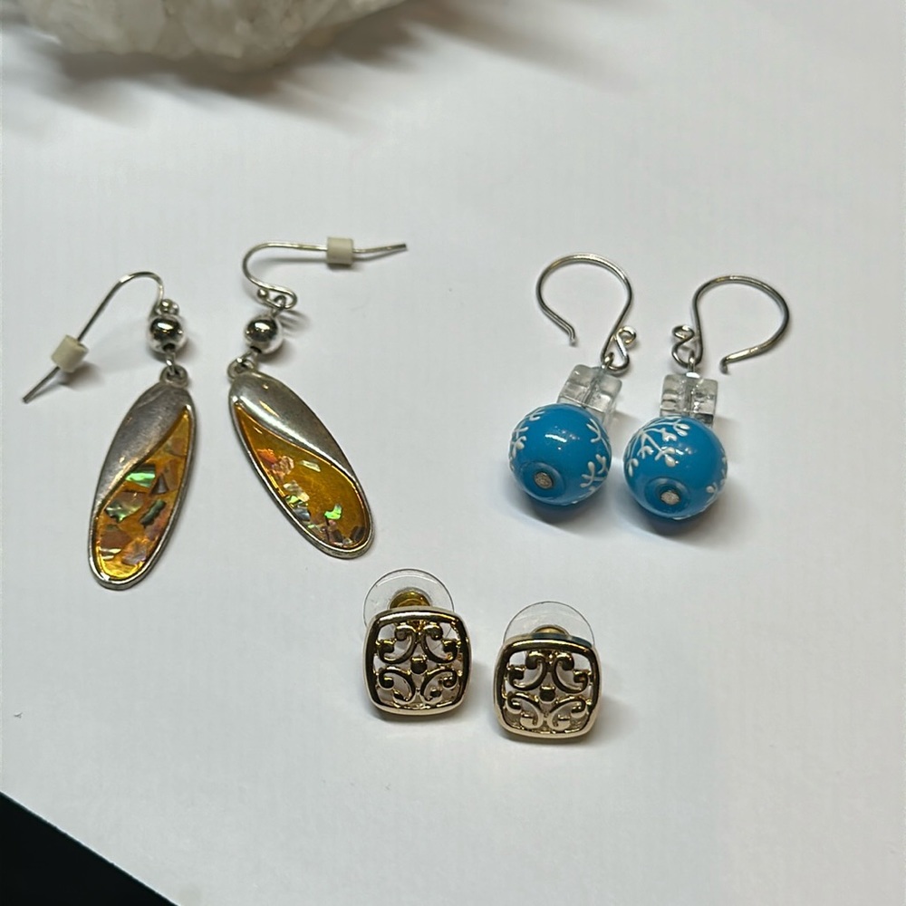 Pierced earring lot boho dangles square gold scroll and  snowflake glass bead